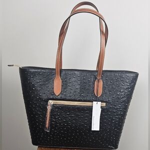 NWT Dooney & Bourke Large Ostrich Embossed Italian Leather Tote: Black & Tan